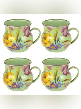 Mackenzie Childs Flower Market Sage Green Mugs Coffee Cups FULL SET OF 4